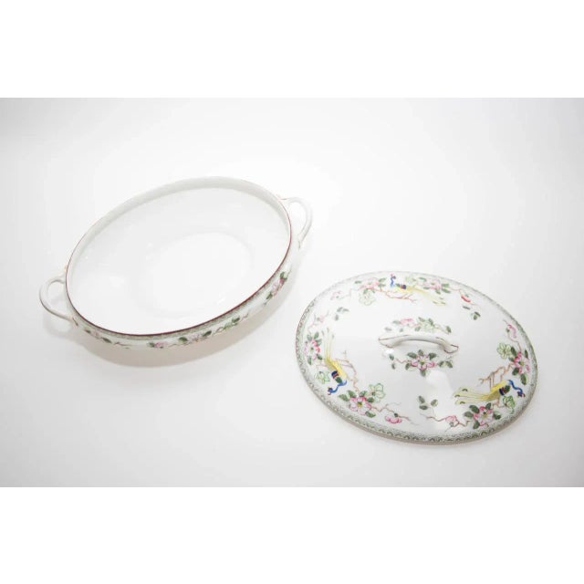 Beautiful Vintage bird of paradise oval casserole. Marked hand-painted on the underside. Minor wear to the paint.