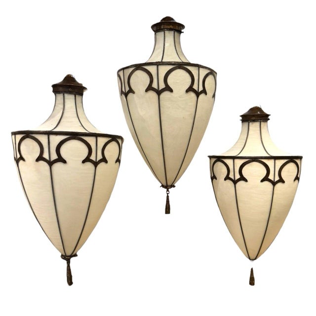 Circa 1900 Caldwell leaded glass large light fixtures with interior lights.