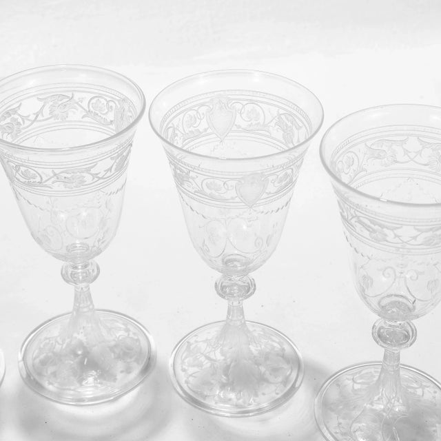 Set of 8 Antique Stourbridge Etched & Engraved Glass Wine Glasses For Sale - Image 16 of 18
