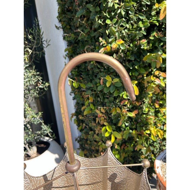 Metal Vintage Embossed Brass Umbrella Stand With Hook Handle For Sale - Image 7 of 16
