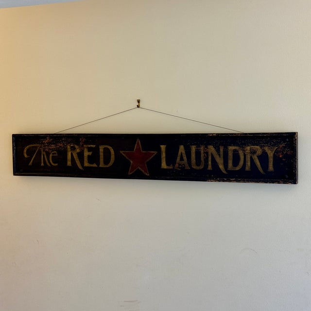 Early 20th Century Early 20th Century Antique Large "The Red ★ Laundry" Horizontal Wood Sign With Gold Whimsical Lettering & Red Star For Sale - Image 5 of 17