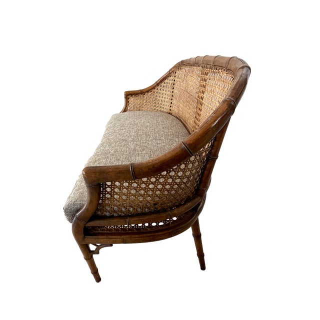 Wood Chinoiserie Faux Bamboo & Caned Barrel Back Settee Loveseat For Sale - Image 7 of 12