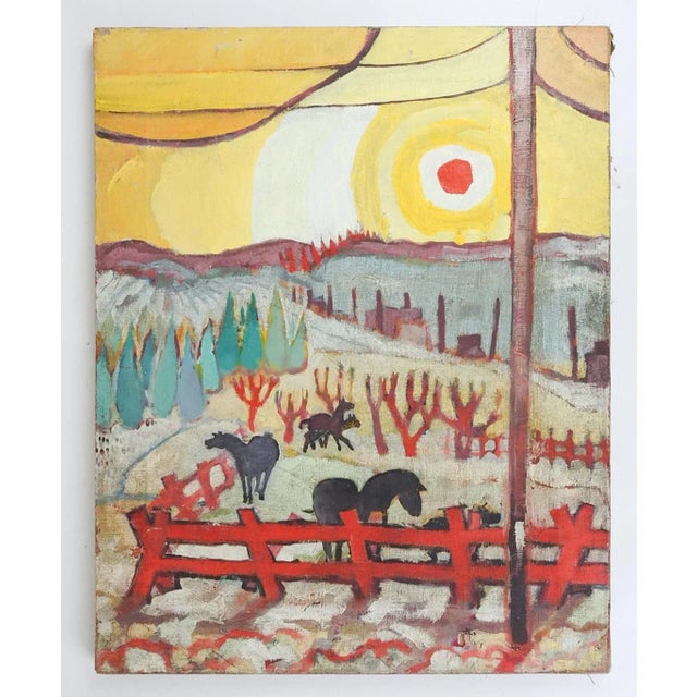 Textile Vintage Modernist Horses in Landscape Painting For Sale - Image 7 of 8
