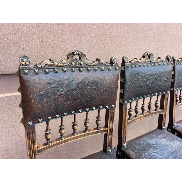 Early 20th Century Antique Spanish Revival Embossed Leather Dining Chairs, Set of 6 For Sale - Image 5 of 12