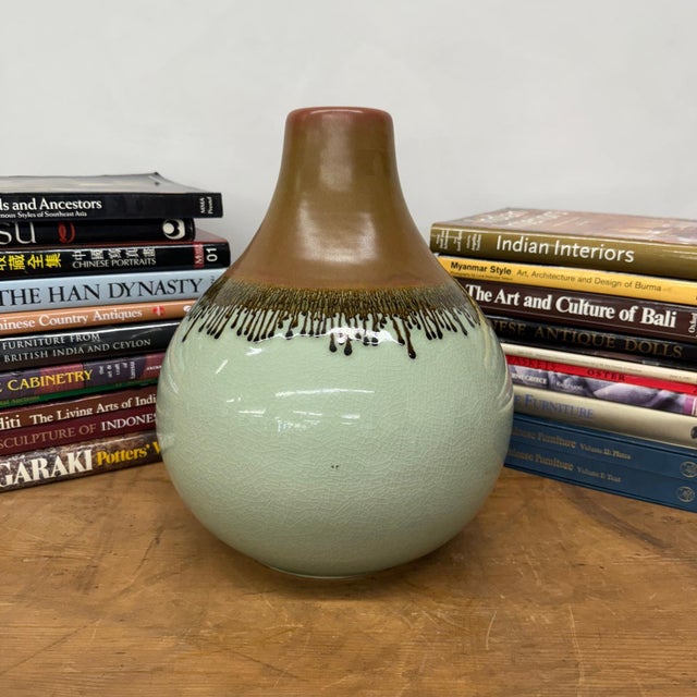 Rustic Round Celadon Green & Brown Ceramic Drip Design Vase For Sale - Image 3 of 8