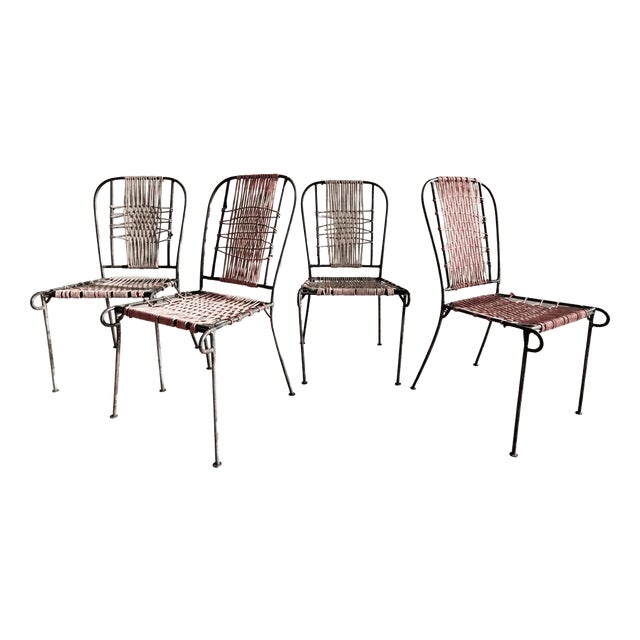 Mid-Century French Wrought Iron and Woven Cord Patio Chairs, 1950s, Set of 4 For Sale