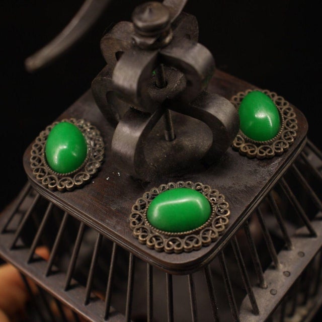 Late 19th Century Ebony Wood Cricket Cage With Gemstone Inlay, 200g, 9" Tall For Sale In Los Angeles - Image 6 of 9
