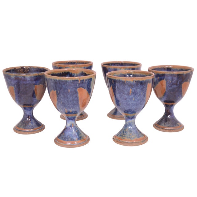 Mid-Century Modern 1970s Blue Drip Glaze Goblets - Set of 6 For Sale - Image 3 of 5