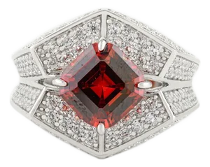 Vintage Art Deco Square Garnet & Cz Unisex Ring in Silver Size 7