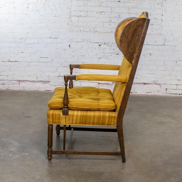 Mid 20th Century Mid-20th Century Rustic Colonial Style High Wingback Fireside Chair Oak Frame Gold Stripe Fabric For Sale - Image 5 of 18