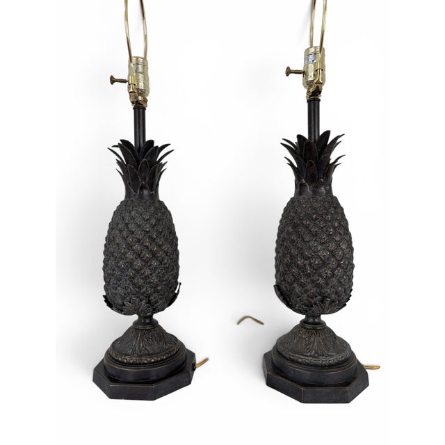 Late 20th Century Pair of Vintage Bronze Pineapple Table Lamp in the Style of Maitland Smith For Sale - Image 5 of 12