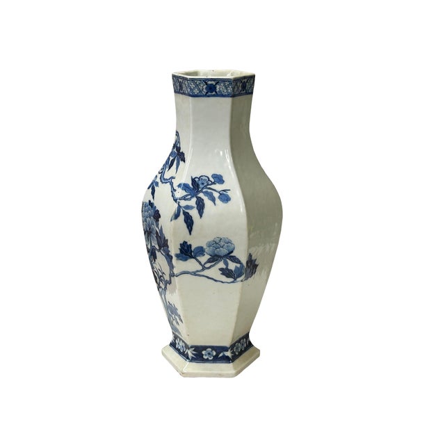 Vintage Chinese Blue White Hexagonal Flower Bird Porcelain Vase For Sale - Image 11 of 15