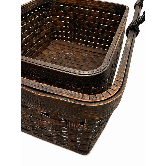 Vintage Dark Woven Rattan Nesting Basket Set – 3 Piece Rectangular Storage Baskets For Sale In San Diego - Image 6 of 7
