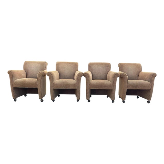 Vintage English Rolled Arm Club Chairs With Brass Shepherd Casters | Set of 4 For Sale