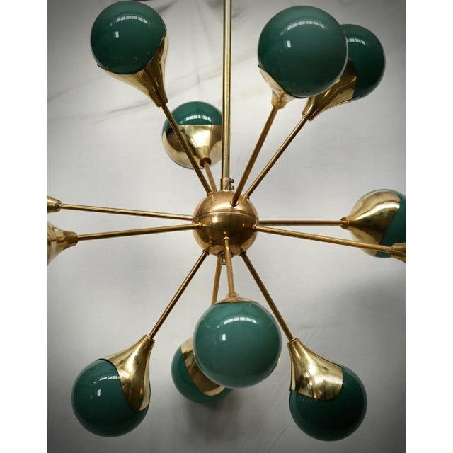 Mid-Century Spherical Green Glass and Brass Sputnik Chandelier, 2000s For Sale - Image 4 of 8