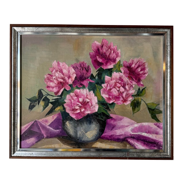1970's Vintage Still Life of Peonies in a Vase, Oil Painting, Signed For Sale