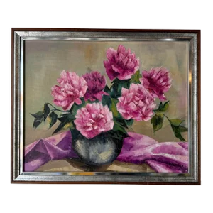 1970's Vintage Still Life of Peonies in a Vase, Oil Painting, Signed