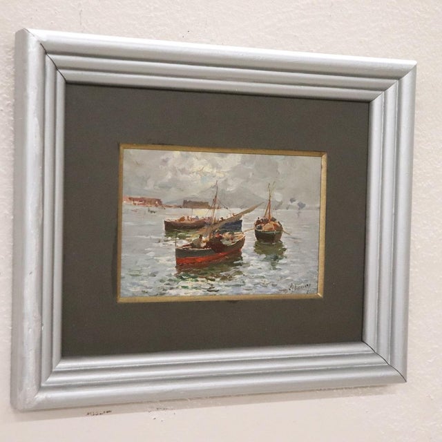 R. Leone, Gulf of Naples with Fishermen, Oil Painting on Board, Early 20th Century, Framed For Sale - Image 10 of 15