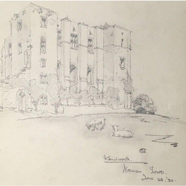 Realism Antique Matted 1920s Walter Church English Landscape Pencil Drawing, Kenilworth For Sale - Image 3 of 3