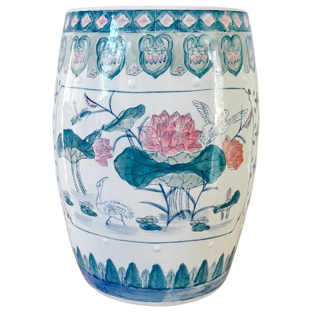 Chinoiserie Vintage 1960 Century Chinese Ceramic Pink Lotus Garden Stool For Sale - Image 3 of 7