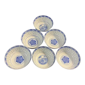 Vintage Chinese Porcelain Translucent Rice-Pattern Ware Bowls- Set of 6