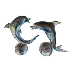 Set of 2 Murano v. Nason and Co. Glass Dolphins on Bullicante Balls