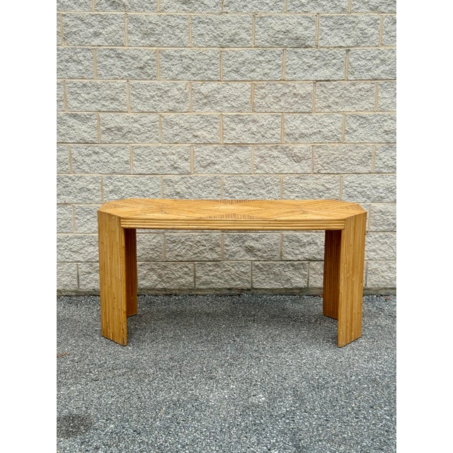 Mid-Century Modern Vintage Palm Beach Pencil Reed Console With Geometric Inlaid Top in Style of McGuire For Sale - Image 3 of 12