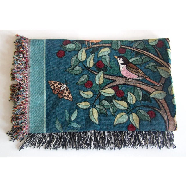 Arts and Crafts Style "Tree of Birds" in Teal Jacquard Woven Throw Blanket For Sale - Image 10 of 11