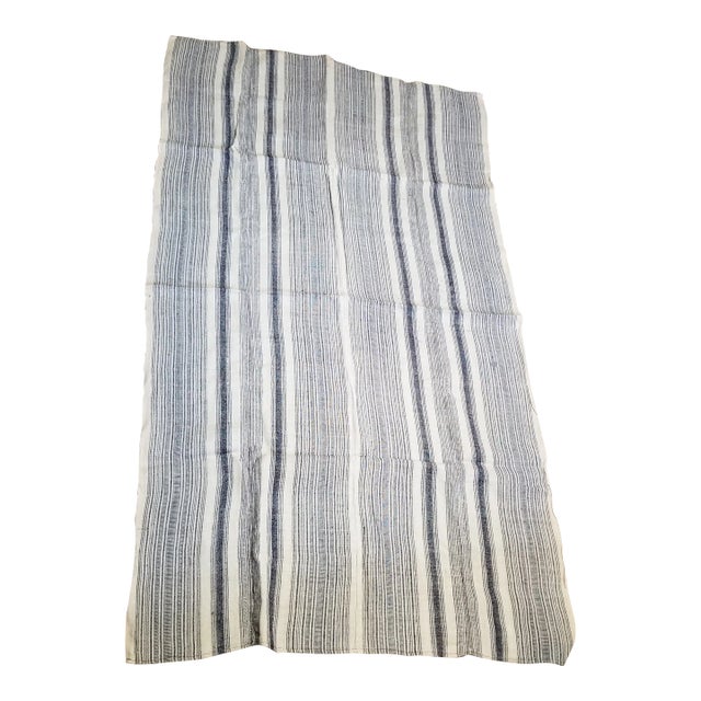 1990s Hand Woven Indigo Stripe Throw For Sale