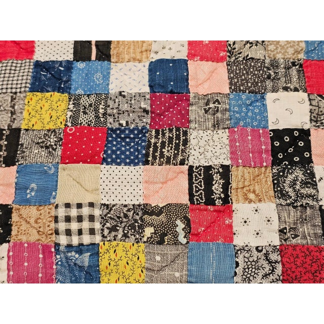 Vintage Hand Stitched and Hand Quilted Postage Stamp Quilt in Blue, Ivory, Red For Sale - Image 11 of 12