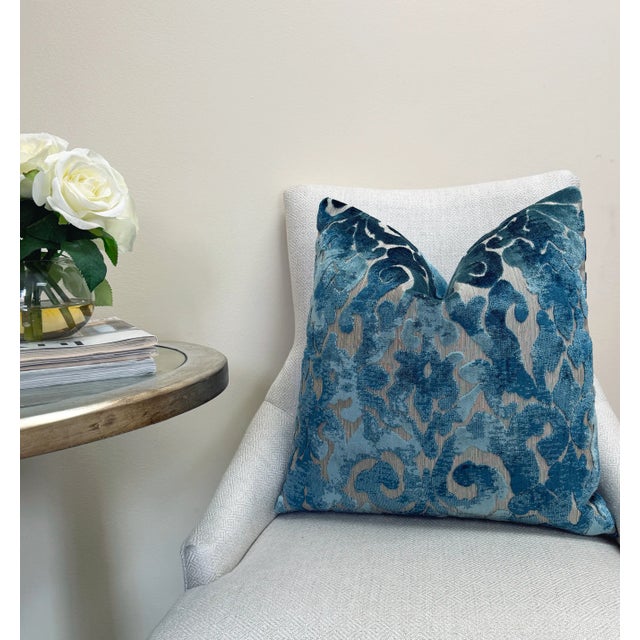 Blue Brocade 20x20 Velvet Throw Pillow With Feather Down Insert For Sale In New York - Image 6 of 6
