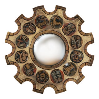 Spanish Zodiac Sunburst Mirror with Red Giltwood Carved Frame, Arnolfini, 1950s For Sale