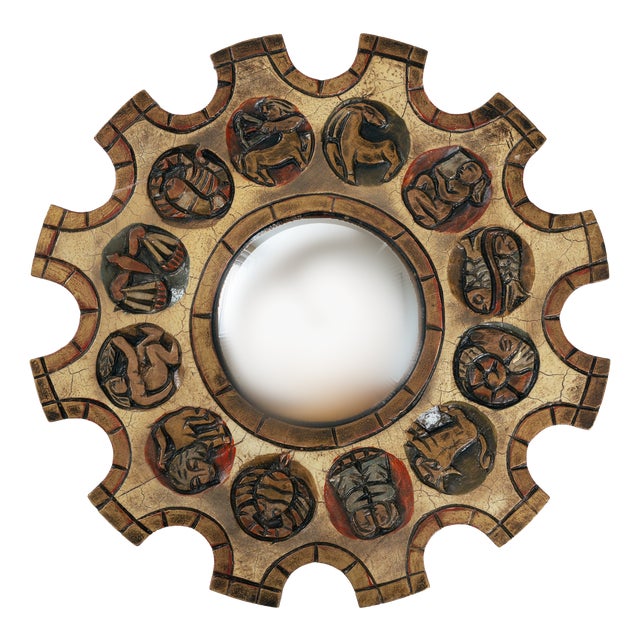 Spanish Zodiac Sunburst Mirror with Red Giltwood Carved Frame, Arnolfini, 1950s For Sale