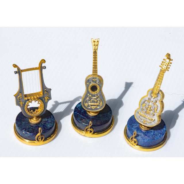 12 Italian Gilt Silver and Lapis String Instrument Place Card Holders Angeletti For Sale - Image 9 of 12