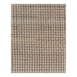 Rug & Kilim’s Modern Block Print Rug in Brown with White Floral Patterns - 4x6 For Sale