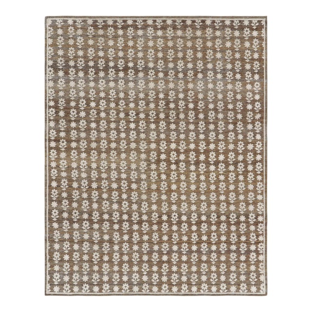 Rug & Kilim’s Modern Block Print Rug in Brown with White Floral Patterns - 4x6 For Sale