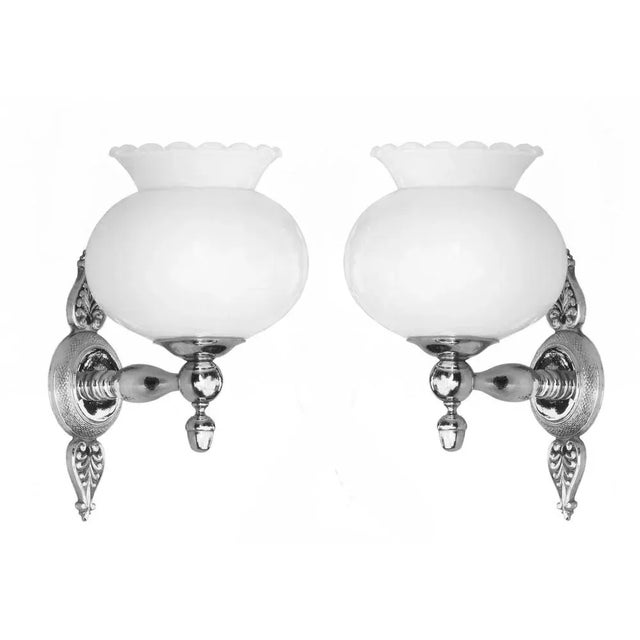 Silver Empire Revival Wall Sconces in Opaline and Chrome, France, 1970, Set of 2 For Sale - Image 8 of 8