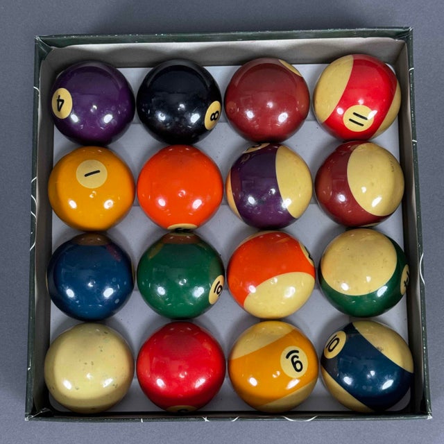 Vintage 70s Aramith Belgian Billiard 2 1/4" Pool Ball Set W/ Box & 9 Ball Rack - Set of 16 For Sale - Image 4 of 11