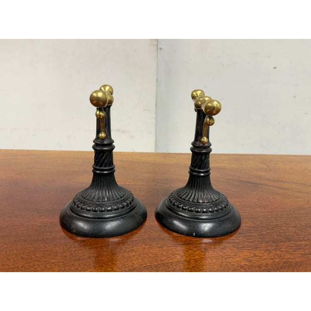 English Antique Heavy Casted Iron + Brass Fire Dogs, Pair For Sale - Image 3 of 12