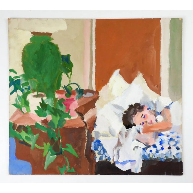 Circa late 20th century matte medium on artist board interior view with sleeping figure by Marilyn Lanfear (1930-2020)...