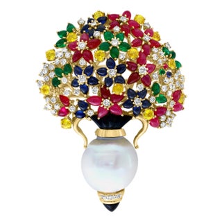 Estate Ruby Sapphire Emerald Diamond & Pearl 18 K Gold Flower Basket Brooch/ pin For Sale