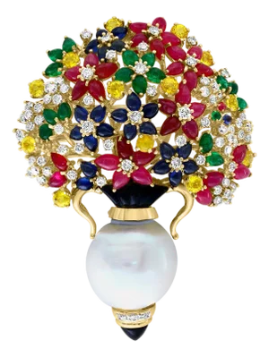 Estate Ruby Sapphire Emerald Diamond & Pearl 18 K Gold Flower Basket Brooch/ pin
