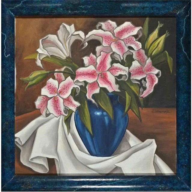 Contemporary Raffaele Romano, Lilium in Blue Vase, 1998, Oil on Canvas, Framed For Sale - Image 3 of 3