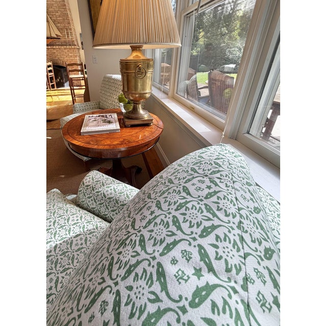 A Pair of Howard & Sons Green and White Lounge Chairs With Custom Tan Slipcovers For Sale - Image 18 of 18
