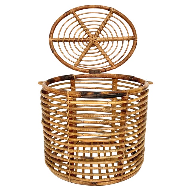 Mid-Century Italian French Riviera Bamboo & Rattan Basket, 1950s For Sale