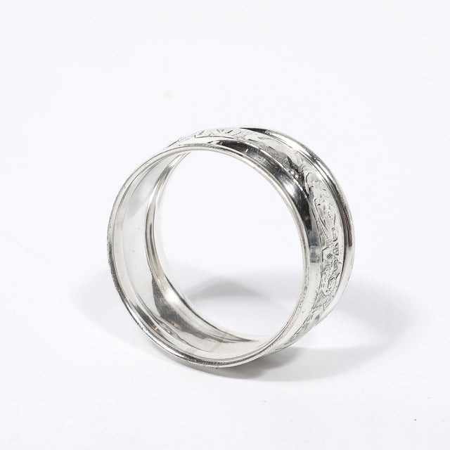Antique Sterling Silver Napkin Ring With Engraved Detailing & English Hallmarks For Sale - Image 4 of 14