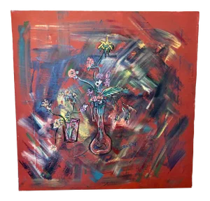 Large Mid-Century Abstract Floral Oil Painting on Canvas