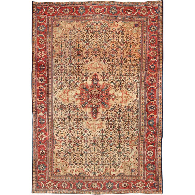 Antique Persian Sultanabad With Medallion in Yellow Cream, Blue Red and Green For Sale