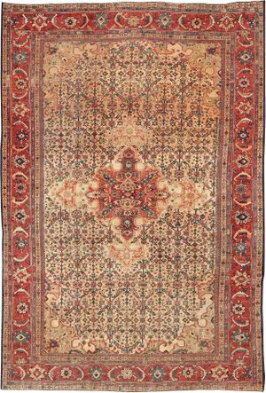 Antique Persian Sultanabad With Medallion in Yellow Cream, Blue Red and Green