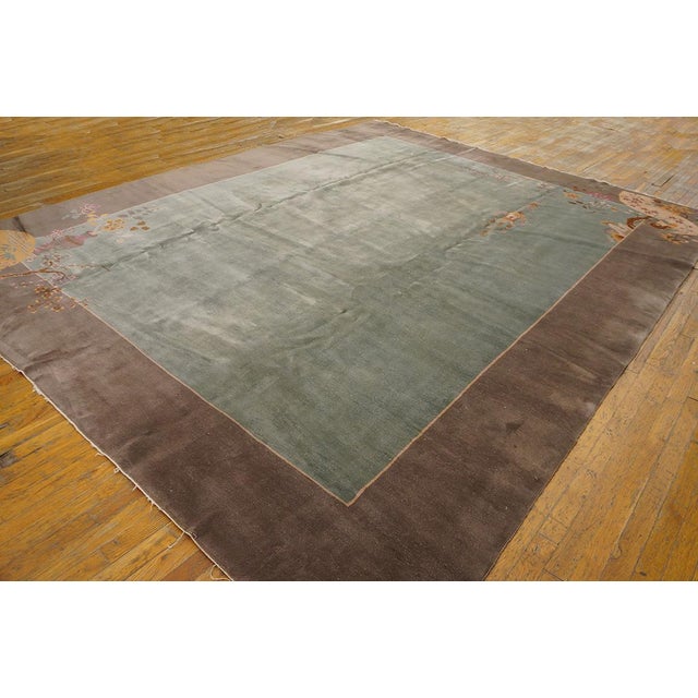 Antique Chinese rug, Size: 9' 0'' x 11' 4''. Antique Art Deco Room Size Wool Aqua, Brown Earth Tone Rug, Circa Date:...